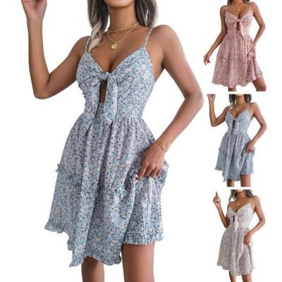 Summer Dress Hollow Out Cool Quick Drying Stylish Beach Floral Leaves Print Spaghetti Straps Mini Dress Daily Clothing