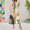 Women Plus Size V Neck Long Sleeve White Blue Printed A Line Midi Dress With Pockets