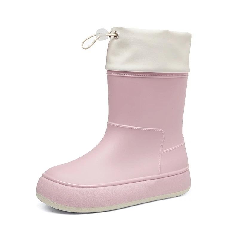 Women's Fashionable High End Anti Slip Waterproof Mid Tube Drawstring Rain Shoes