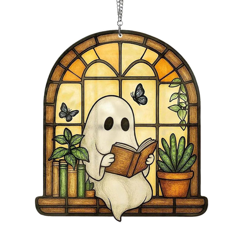 Acrylic Halloween Ghost in Bathtub Window Hanging Ornament Cute Ghost Reading Book Decor Home Bedroom Living Room Decorations