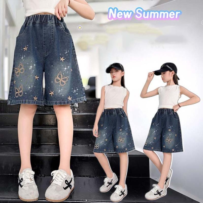 Summer Children Girls Denim Shorts Butterfly Junior Girls Loose Jeans Loose Elastic Waist Kids Teens Girls Shorts