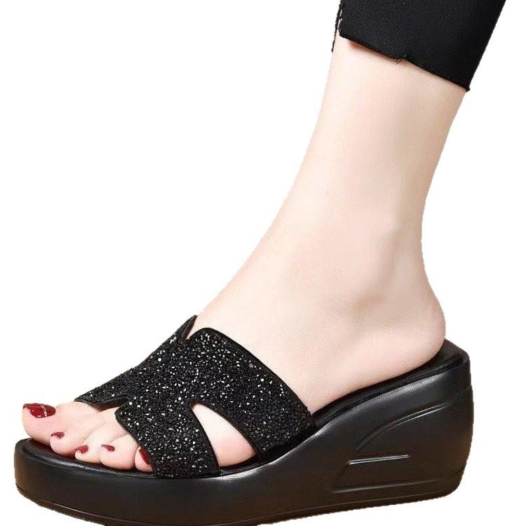 High-heeled soft leather thick bottom H half-mop summer outer wear muffin bottom one-word drag diamond mop slope and rhinestone sandals
