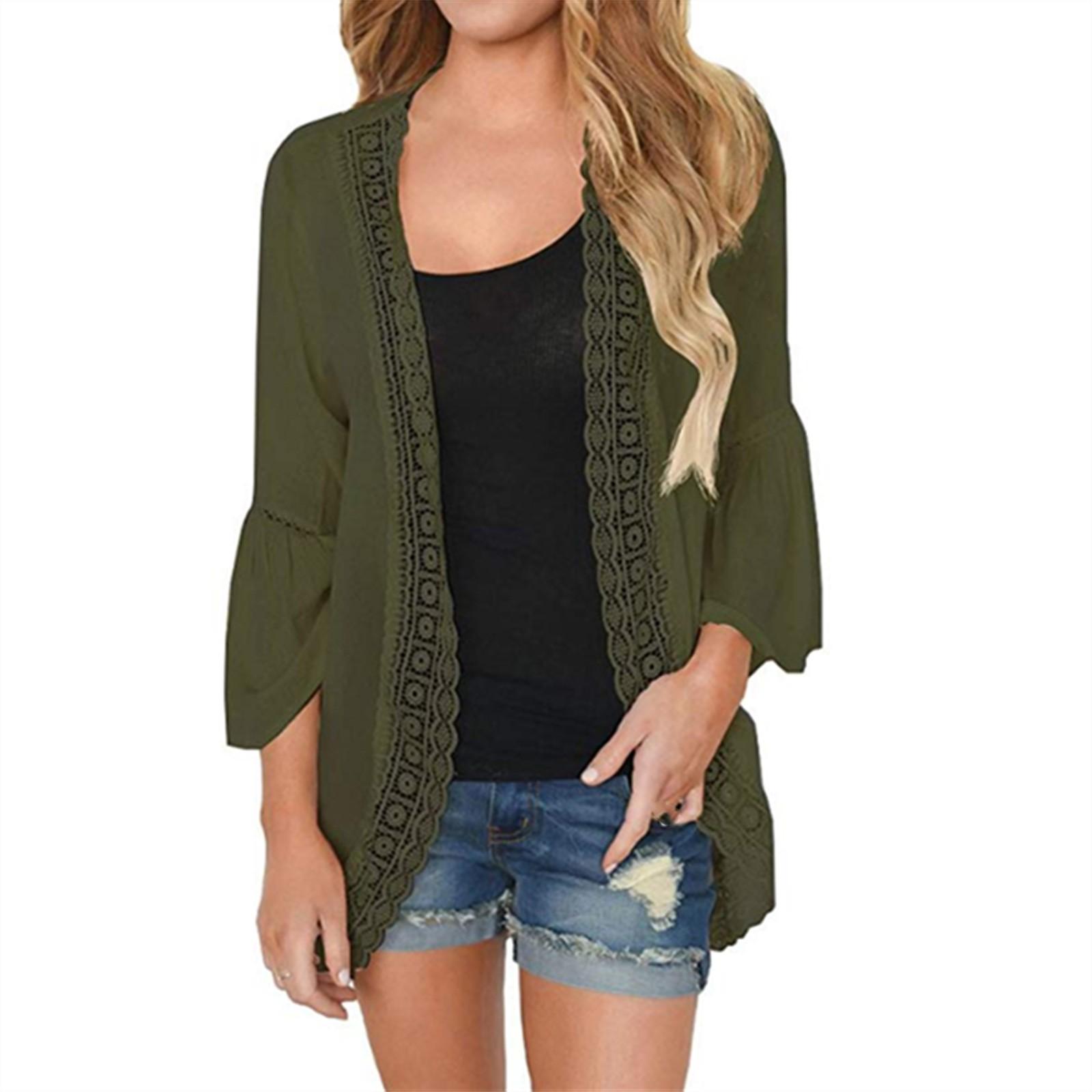 

Жіночі повсякденні однотонні мереживні шифонові кардигани з довгим рукавом, вільні блузки-кімоно, топи M зелений