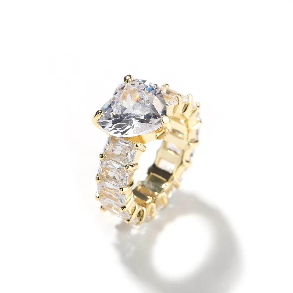 7mm Big Baguette  CZ Stone Pink Heart Ring Iced Out Bling Fashion Ring Hip Hop Jewelry High Quality Engagement Gift  Color