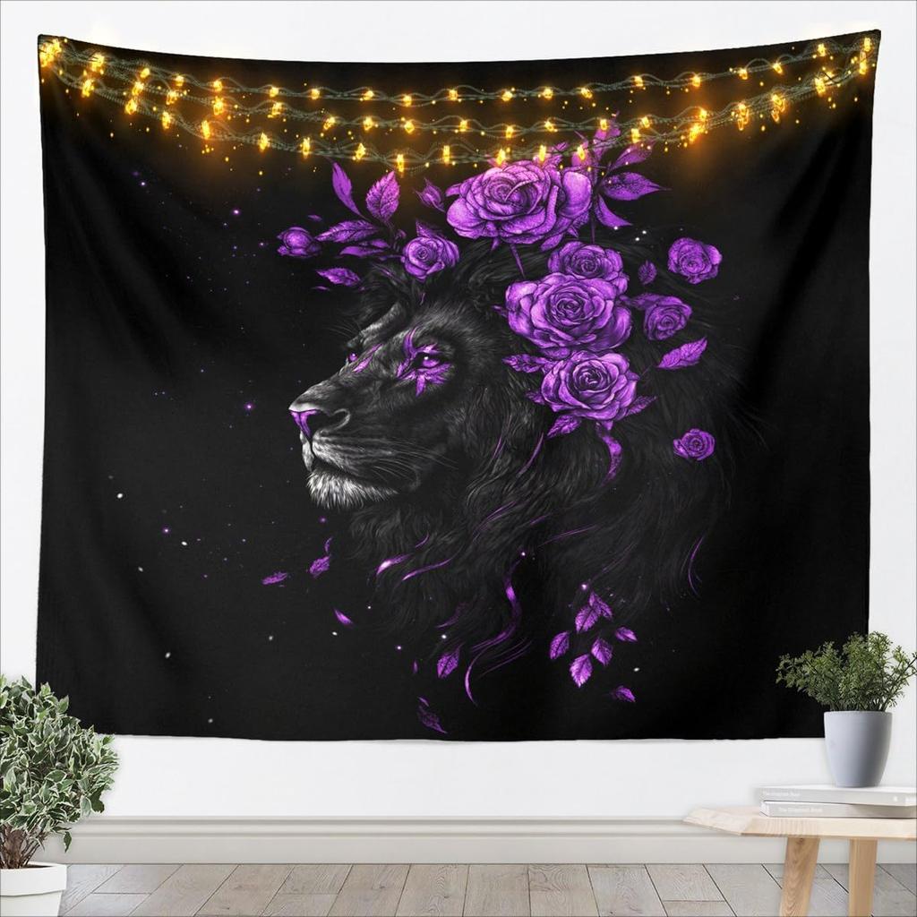 Red Rose And Lion Tapestry For Kids Boys Girls Large Black Lion Wall Art 3D Wild Animal Pattern Wall Hanging Blanket Romantic