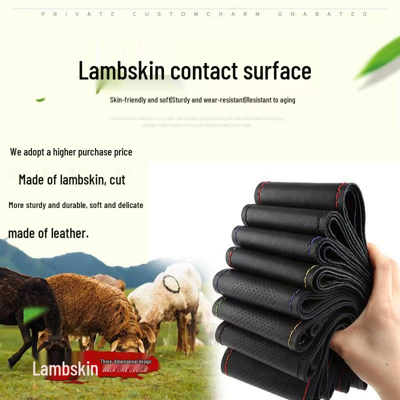 Echt Leer Lamsvel Handgestikt Stuurwielhoes - Ultradun, Zacht, Antislip, Slijtvast, Universeel voor Alle Seizoenen