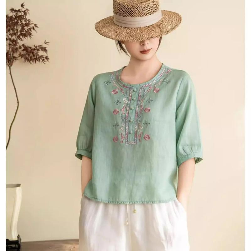Womens Pink Linen Blouse Casual Floral Embroidered Half Button 3/4 Sleeve Top