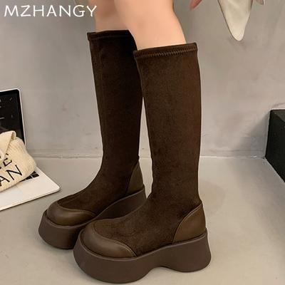 Платформа Жіночі Високі Чоботи До Коліна На Плоскій Підошві Взуття Жіноче 2025 Тренд Мода Зимове Плаття Елегантні Затишні Мотоциклетні Чоботи Mujer Botas