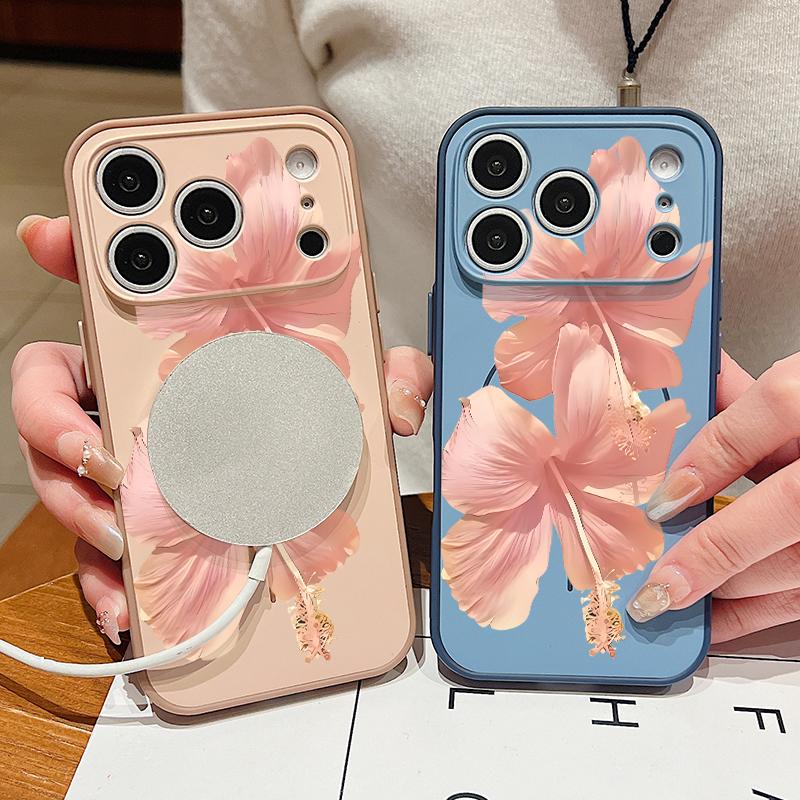 Pink Hibiscus Flower Pattern For iPhone 17 Pro Max Funda iPhone 16 15 14 13 Pro Max Skin Feeling Magnetic For Magsafe Shockproof Bumper Cover