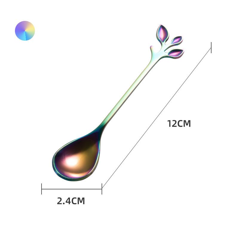 HANYANG Obstgabel aus Edelstahl, goldene Blätter, kreativer Gabellöffel aus Edelstahl, bunter Kaffeerührlöffel