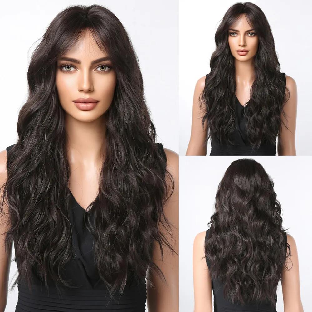 ALAN EATON Brown Highlight Long Wave Wigs for Women Synthetic Wig with Bangs Ombre Mixed Color Natural Looking Hair for Daily