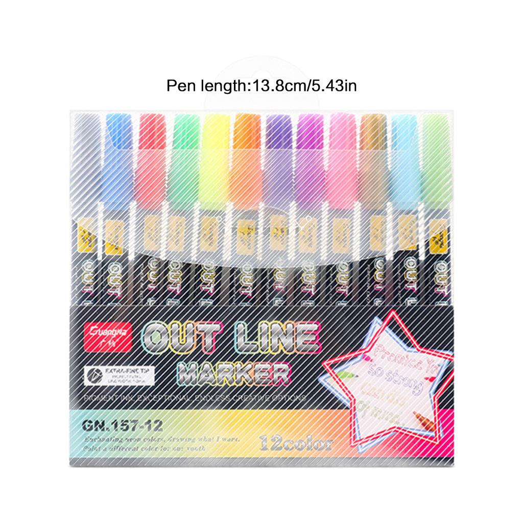 Double Line Outline Markers 12/24 Colors Set Dual Tip Pens for DIY Hand Drawing Doodling Art Craft Painting