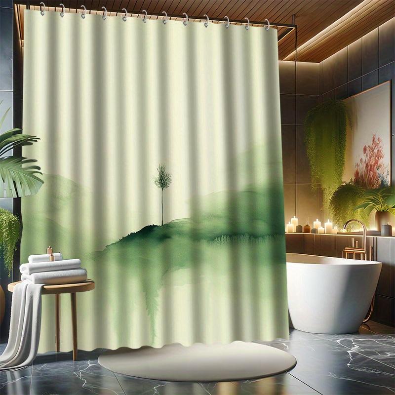 

A Small Tree Shower Curtain Set, Green Ink Style, Full of Vitality, 12 Hooks, Polyester, Bathtub Partition, Modern Bath Decor W90XH180cm