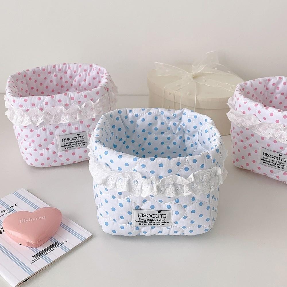 Large Capacity Quilted Storage Basket Polka Dot Pattern Desktop Organizer Box