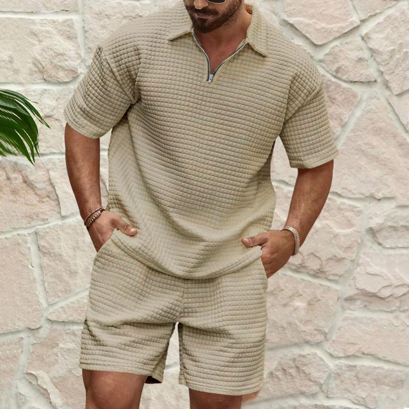 Men's Small Checkered Lapel Polo Shirt Short-sleeved Shorts Casual Sports Suit