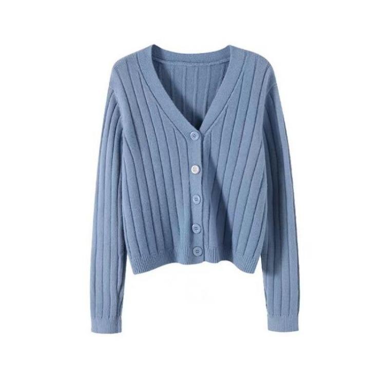 Women's V Neck Knitted Cardigan Short Jacket Loose Long Sleeve Autumn Versatile Outfit Top Sweater