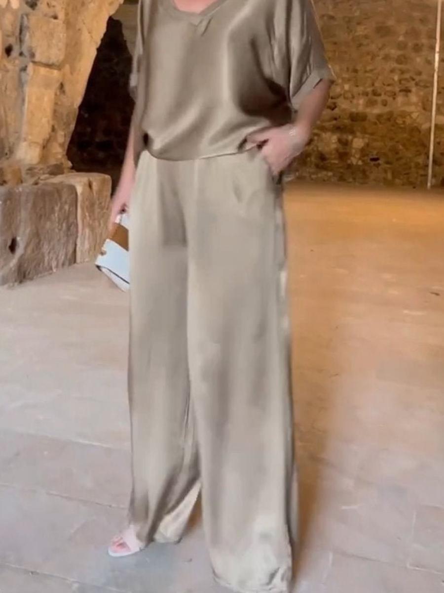 Summer Hot Sale Women s Clothing Fashion Solid Color Shiny V-Neck Casual Set S хаки