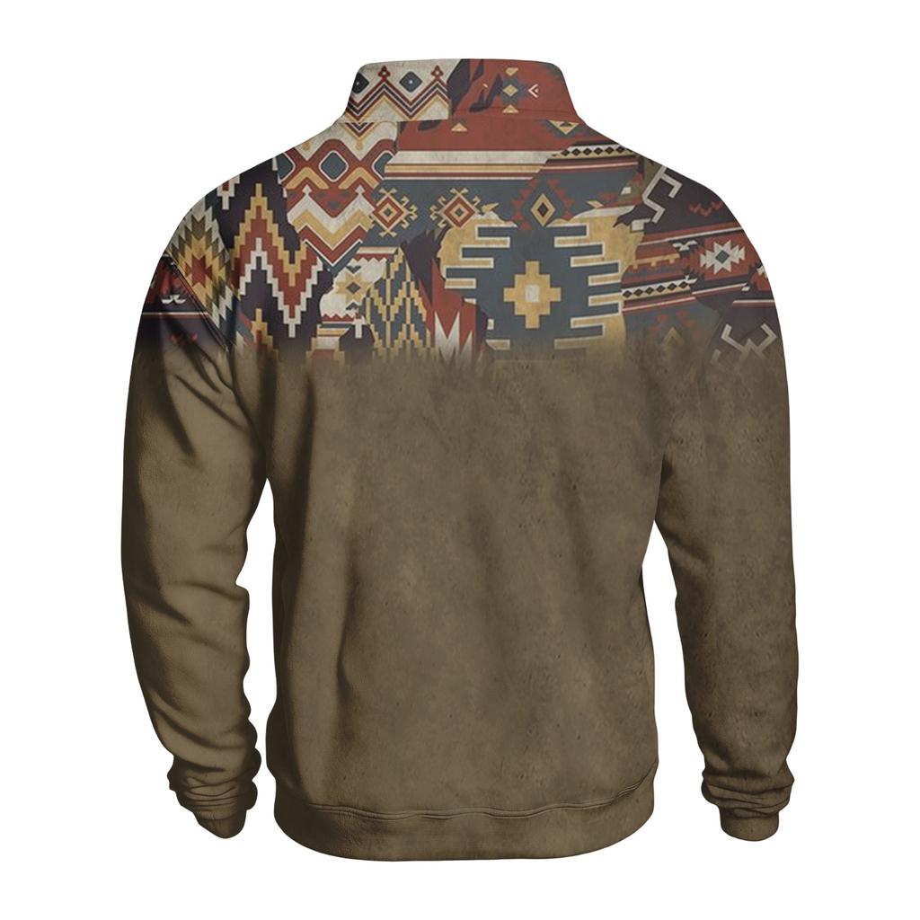 Men's Pattern Pullover Button Sweatshirt Long Sleeve Western Casual Top