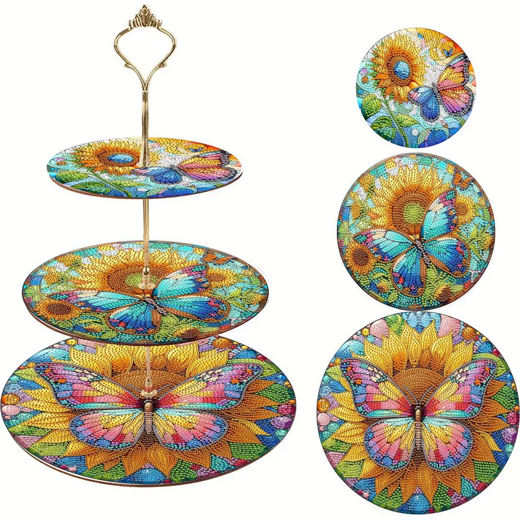 3 Tier Acrylic Butterfly Sunflower Colorful Diamond Food Dinner Plate DIY Diamond Painting Food Tray for Desk Coffee Table