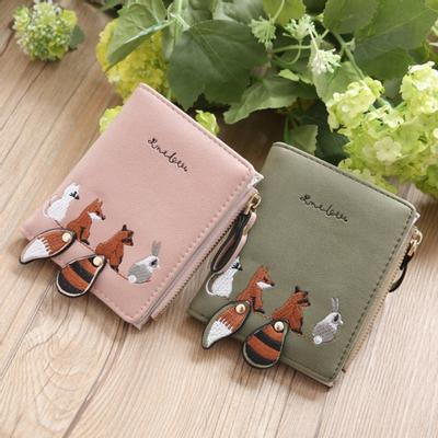 Cartoon Fox Rabbit Animal Embroidery Zipper Women Purse Foldable Short Wallet