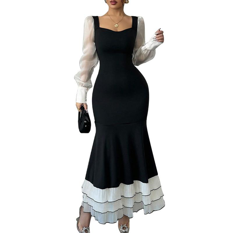 Autumn Women's New Temperament Slim Long-sleeved Dress Contrasting Square Collar Hip Fishtail Dress