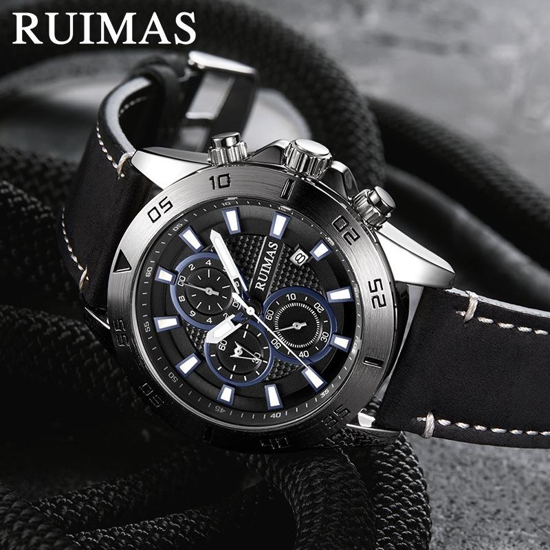 Uhr Herrenuhr Chronograph Kalender Leuchtend Wasserdicht Leder Herrenuhr 572G