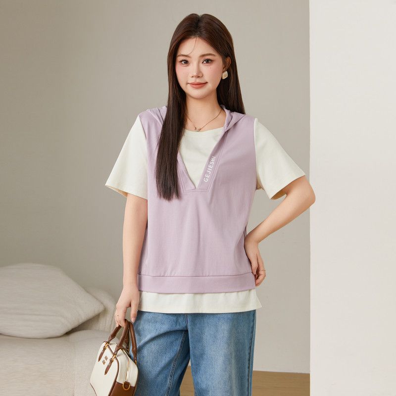 

Caiduobao Plus size women clothing Fake Two Pieces Print Hood Casual T-shirt Chubby Girl Summer Clothing New Loose Slimming Top Purple XL
