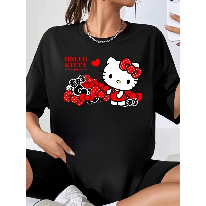 Red Bow Printed Womens Fashion Pattern Short Sleeve Shirt Hello Kitty Cute Comfortable Summer Womens Tshirt