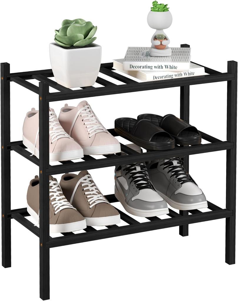 3-Tier Bamboo Shoe Rack - Free Standing Space-Saving Shoe Shelf Organizer for Small Spaces, Stackable Eco-Friendly