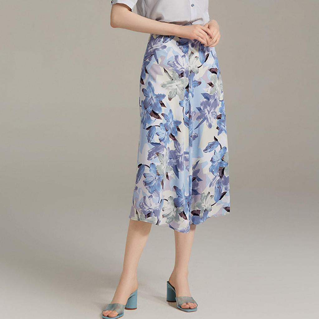 Flared Floral High Relaxed Elastic Perfect for Casual Slimming Free Size [KANO SEIKA] Women's Skirt, Knee-Length, Print, Chiffon, A-Line, Waist,