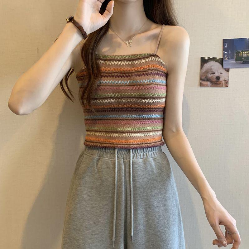 Women's Striped Knitted Camisole Vest Summer French Style Stylish Slim Fit Slimming Bottom Shirt Sleeveless Top