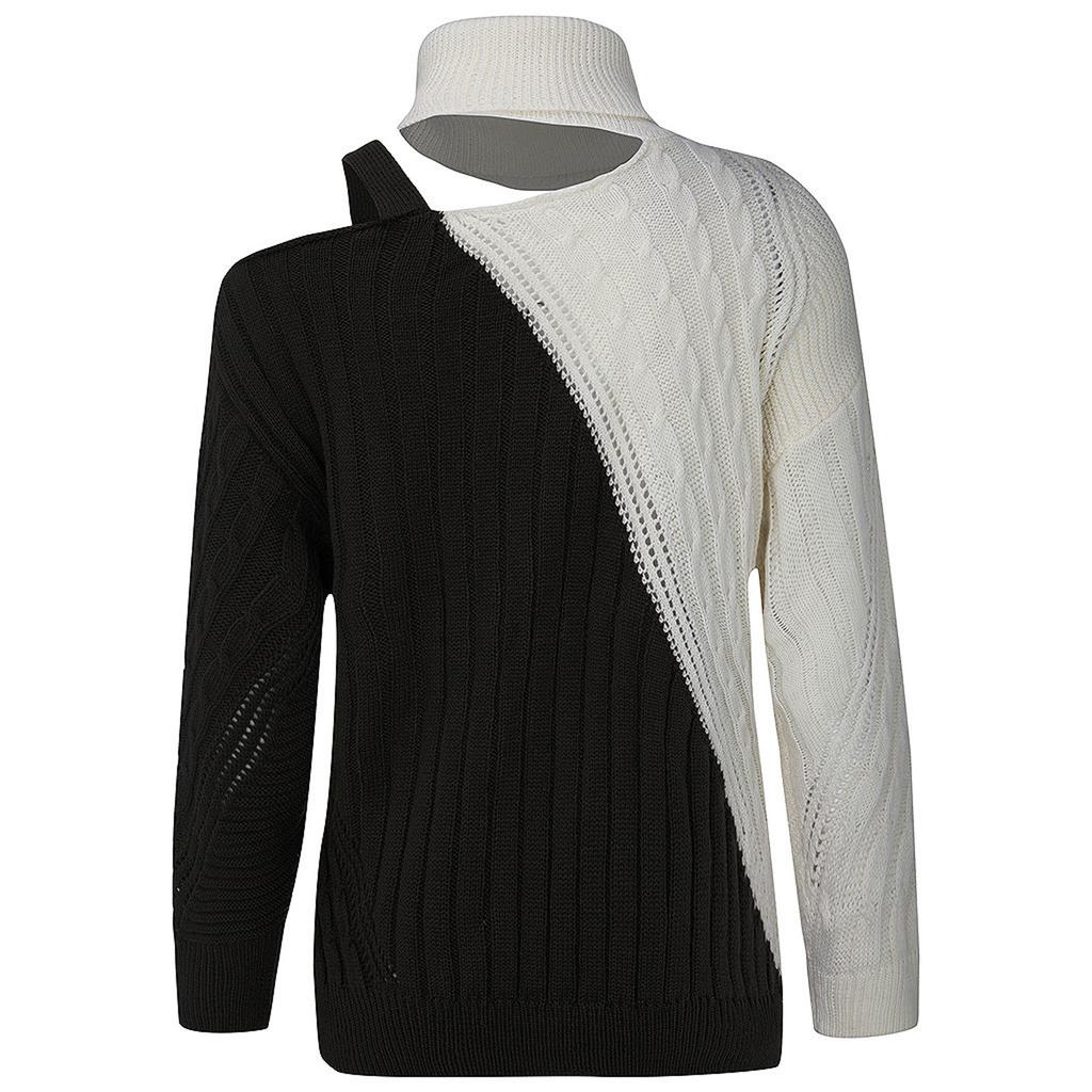 Women's  And Winter Loose Two-color Contrast Stitching Long-sleeved Stand Collar One Side Strapless Knit Sweater Top