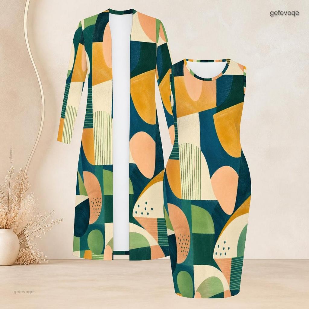 Women Plus Size Two Piece Set Geometric Printed Long Sleeve Open Front Cardigan Round Neck Sleeveless Bodycon Dress