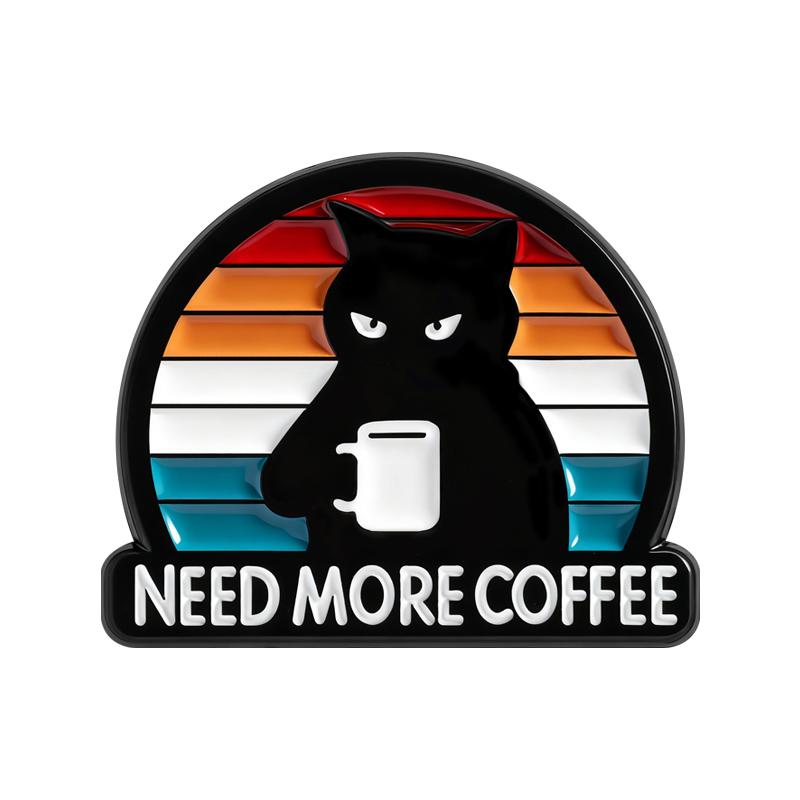 

Need More Coffee Enamel Pins Vintage Black Cat Brooches Lapel Badges Cartoon Punk Clothes Jewelry Gift for Friends