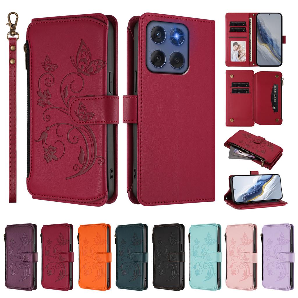 For Motorola Edge 60 5G/Motorola Edge (2025) 5G Leather Case Butterfly Floral Imprint Zipper Wallet Stand Cover with Wrist Strap