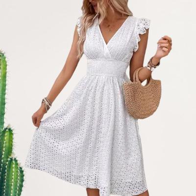 Women Summer Dress Ruffle Edge Sleeveless Elastic Tight Waist Pure Color Cutout A-line Big Swing V Neck Knee Length Dating Shopping Midi Dress