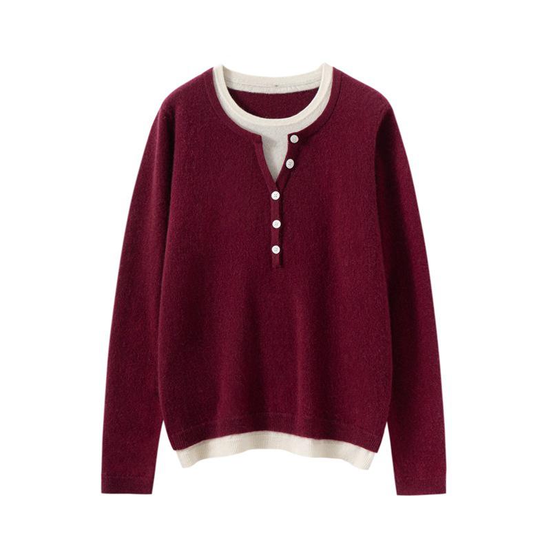 Autumn/Winter Women’s Color Block Cashmere Knit Layered Round Neck Pullover Sweater