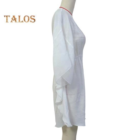 Cover Up Dress V-Neck Batwing Sleeve Hollow Pattern Neckline Bikini Swimsuit Cover Up with Elastic Waist Summer Outdoor Wear