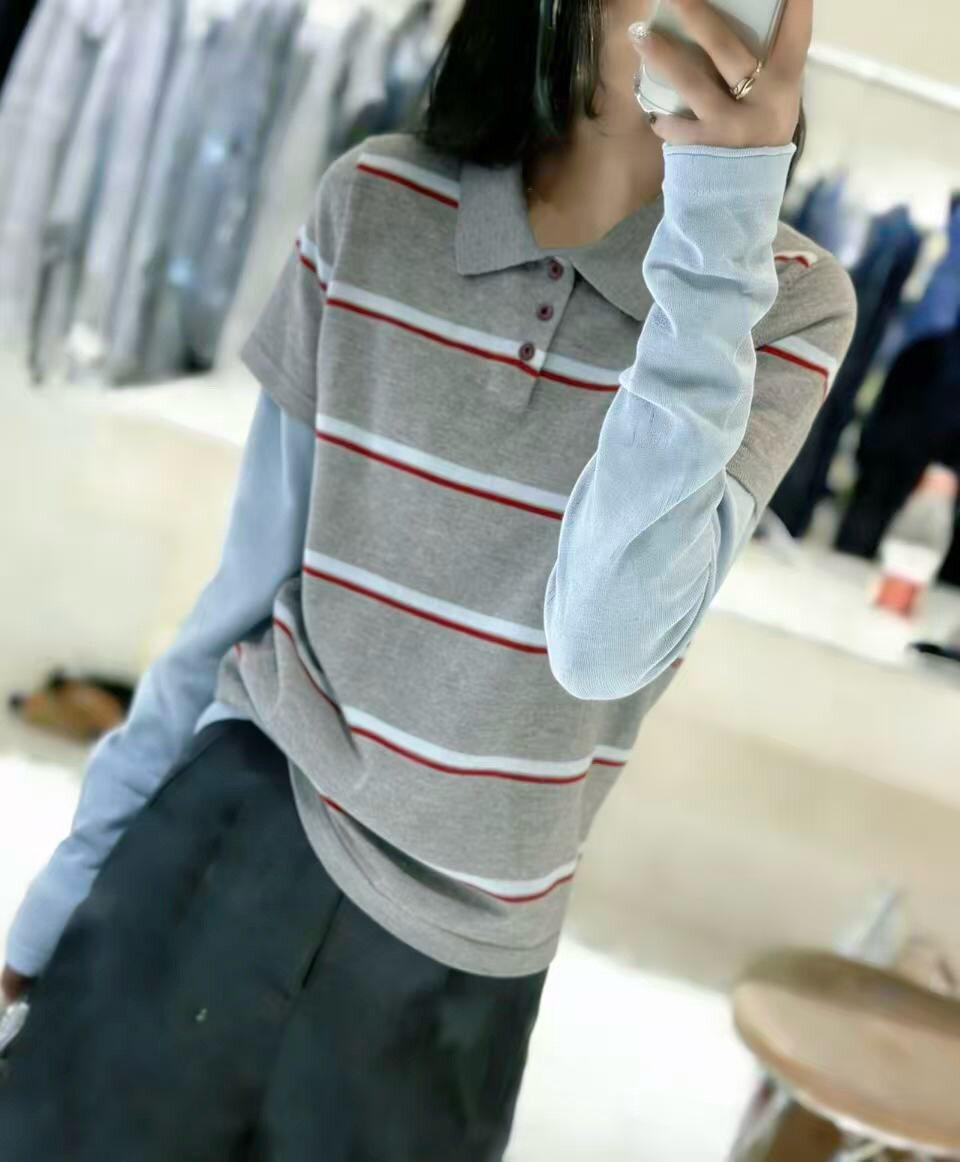 Spring 2026 Women s Striped Polo Collar Two-Piece Knit Pullover: Slimming, Versatile Casual Top One Size