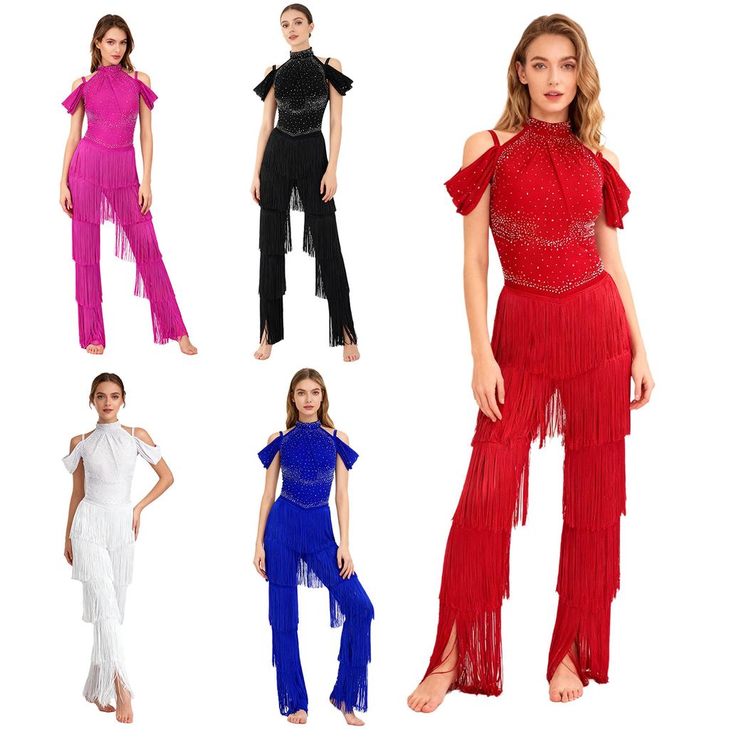 Mono de Fiesta para Danza Latina para Mujer S-XXL: Mamelucos Halter sin Hombros Espalda Descubierta con Pedrería Borlas Escalonadas para Samba Rumba Baile de Salón