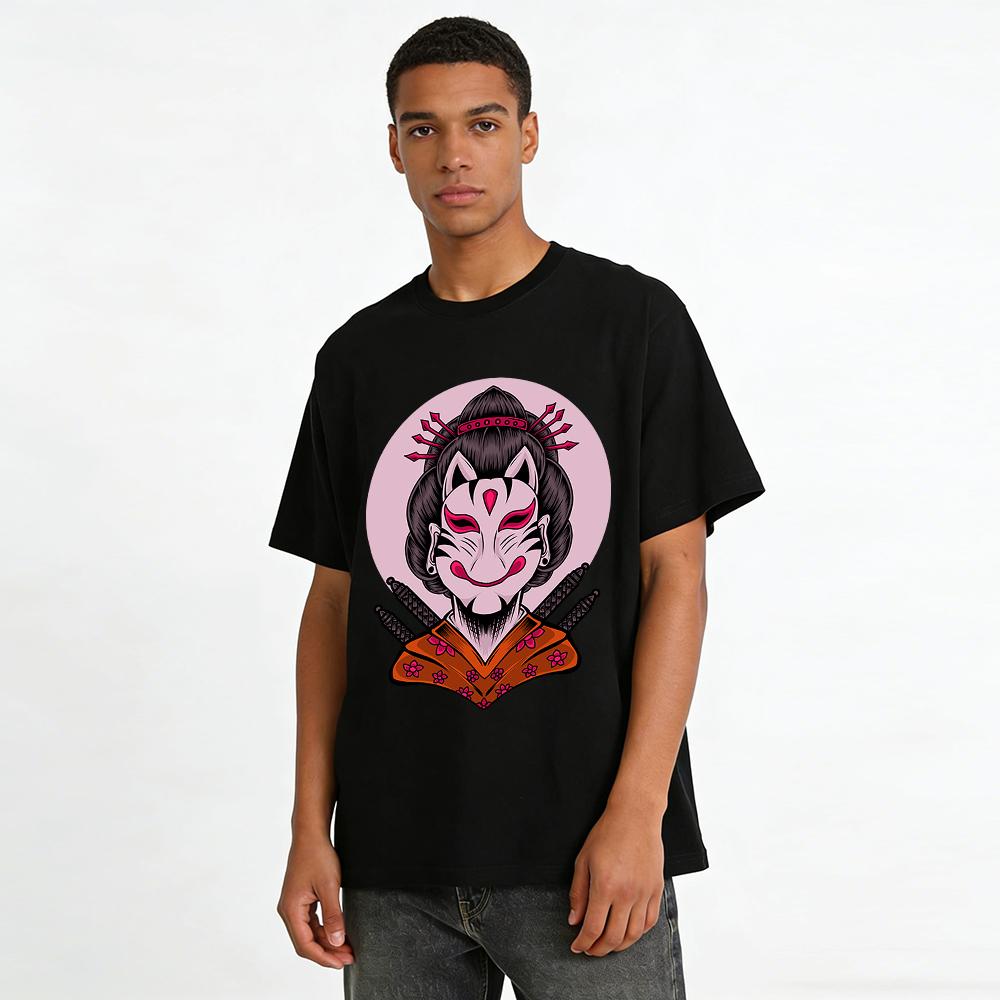 Kitsune Mask Geisha Print Top Retro Dark Samurai Style Trendy Tee Pure cotton T-shirt