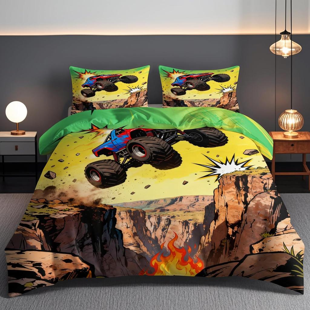 Dinosaurier Monster Truck Bettbezug, Monster Trucks 3D Cartoon Bettdeckenbezug, Comic-Stil Doppelbettwäsche-Set mit Kissenbezügen