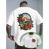European Size Wave Sunset Floral Creative Print Short Sleeve T-Shirt, American Vintage Tattoo Style Trendy Top, European and American Street Style