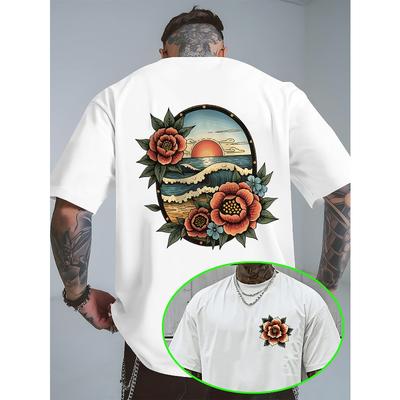 European Size Wave Sunset Floral Creative Print Short Sleeve T-Shirt, American Vintage Tattoo Style Trendy Top, European and American Street Style
