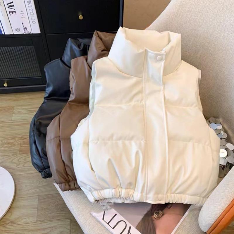 Leather simple down cotton clothes vest women's autumn and winter new student small stand-up collar solid color coat