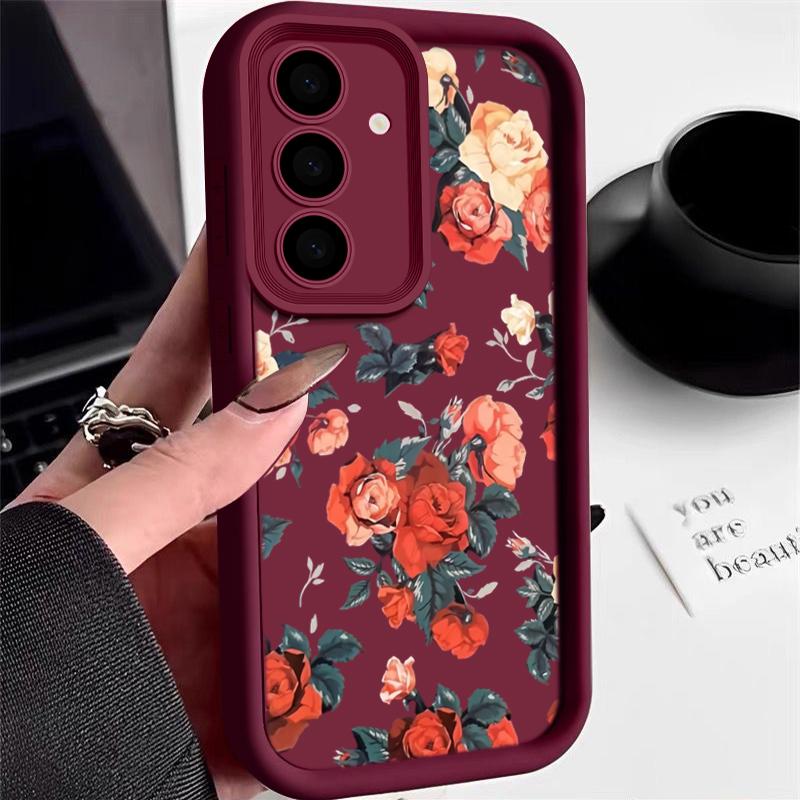 

Винтажный чехол с принтом роз и ударопрочным узором для Samsung S24 FE S23 Ultra S22 A16 A55 A15 A35 A54 A25 A34 A14 Мягкий матовый защитный чехол для объектива из ТПУ Samsung A06 вино красного