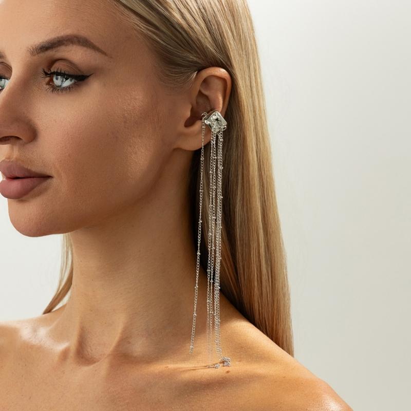 Elegant Long Fringe Ear Clips with Clip On Feature Pendant Earrings Suitable for Easy Wear Versatile Fashion Accessory