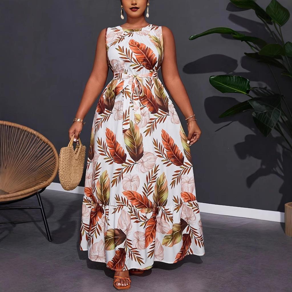 YYFS Women's Fashion Summer Spring Feather Print Sleeveless O-Neck High Waist Casual Dresses