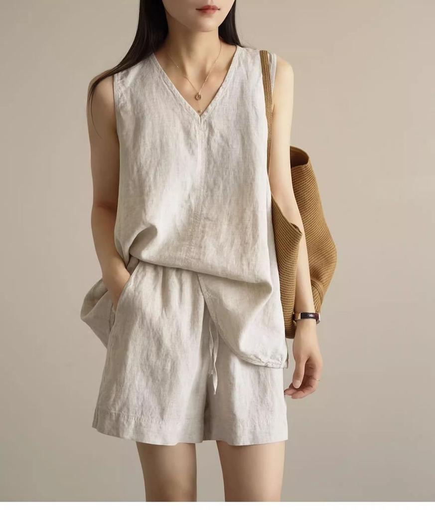 Women's Linen Blend V Neck Tank Top Casual Loose Fit Sleeveless Blouse