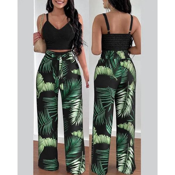 Women Print Set Fashion Suspender Short Top and High Waisted Wide Leg Pants 2-piece Set Casual Elegant Set